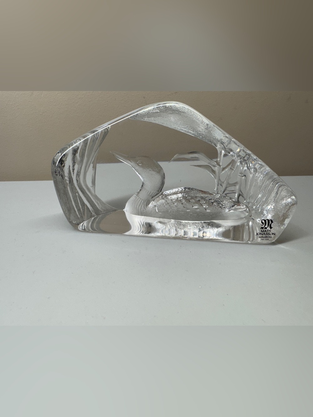 Mats Jonasson, Sweden Full Lead Crystal "Loon" Paperweight, Signed